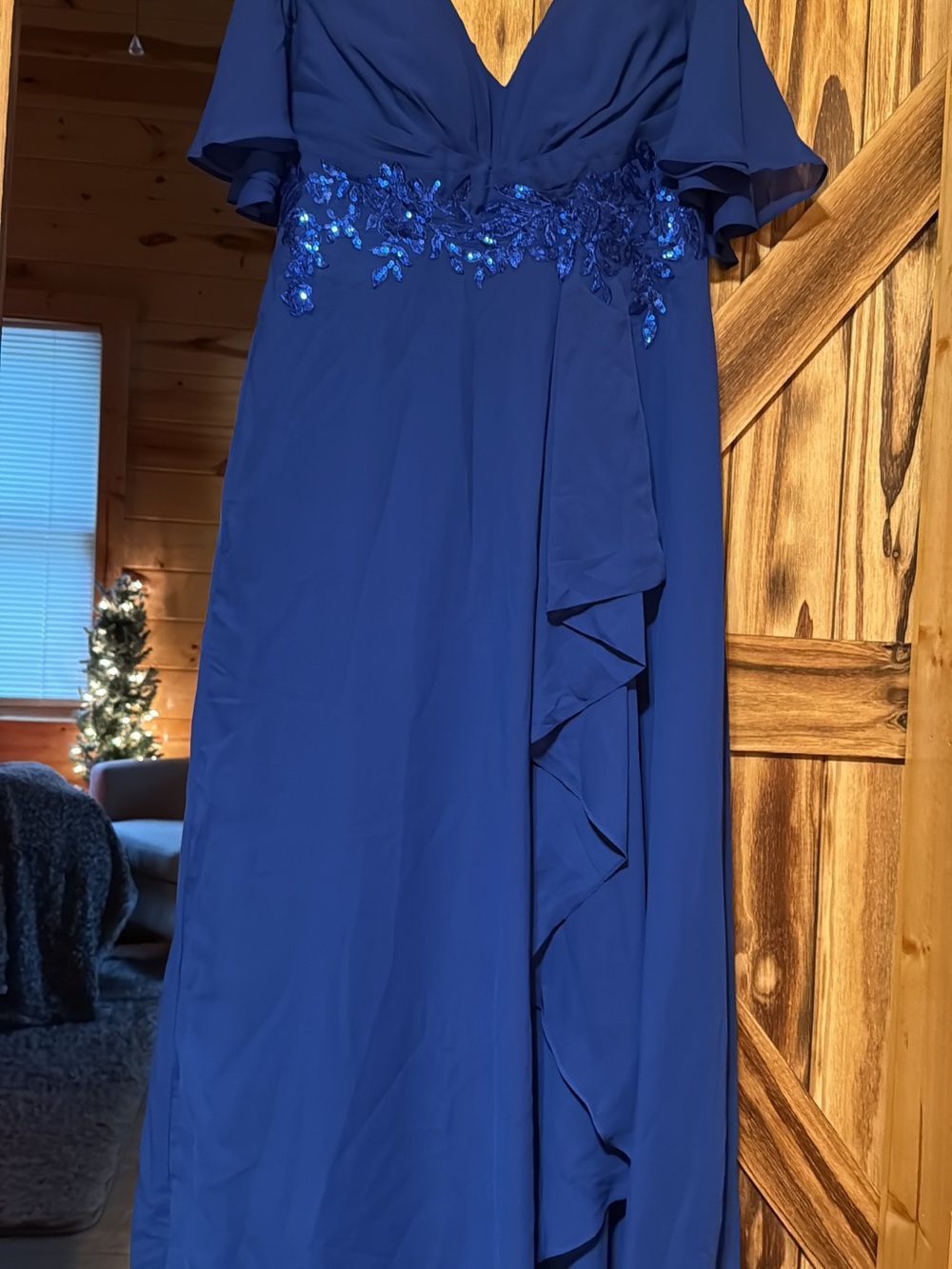 Royal Blue Maxi Dress with Sequin Waist and Flutter Sleeves